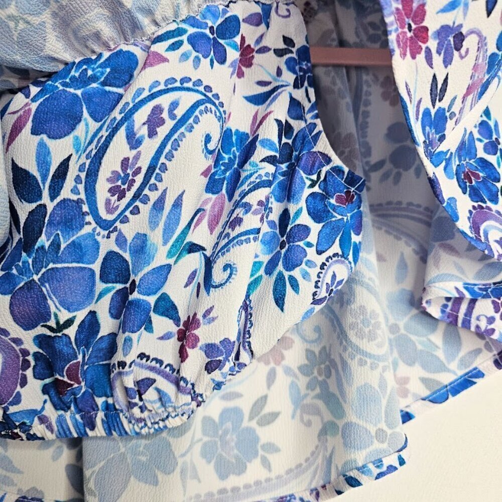 SHOW ME YOUR MUMU Heidi Ruffle Crop Top size XS WHITE BLUE FLORAL Beachy Summer - Picture 4 of 6